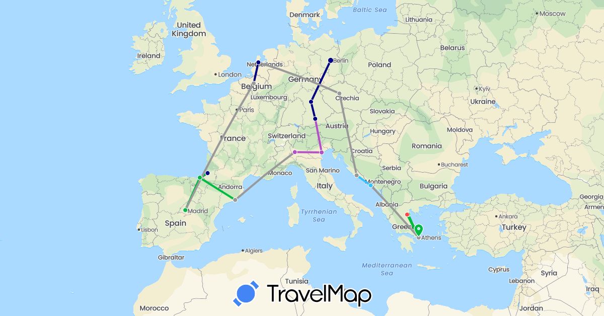 TravelMap itinerary: driving, bus, plane, train, hiking, boat in Belgium, Czech Republic, Germany, Spain, France, Greece, Croatia, Italy, Netherlands (Europe)